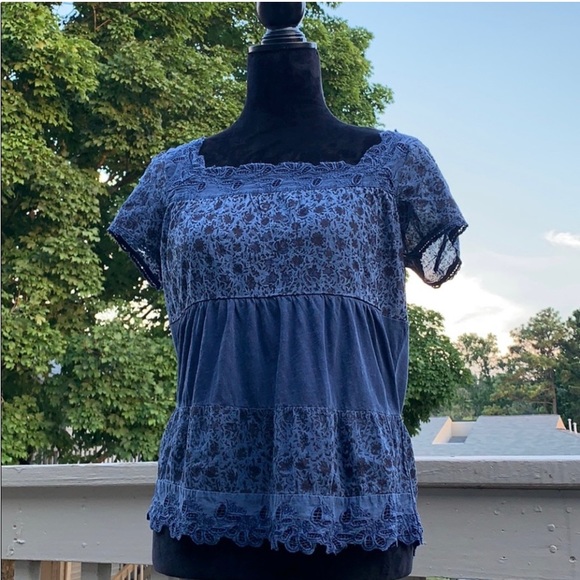 Lucky Brand Cotton Printed Crochet-Trim Top - Picture 4 of 4